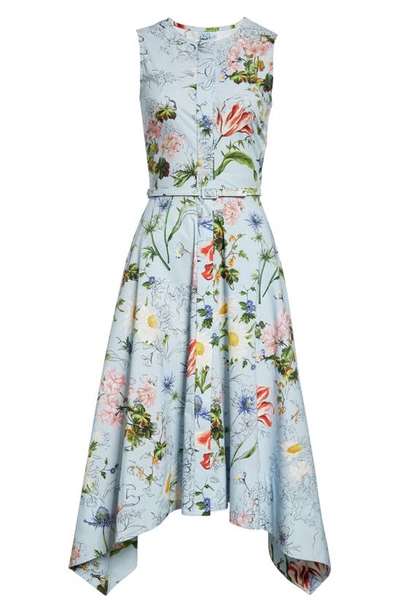 Shop Oscar De La Renta Floral Print Cotton Stretch Poplin Dress In Light Blue