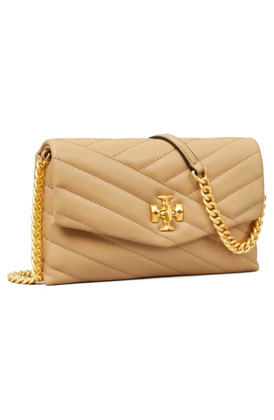 Shop Tory Burch Kira Chevron Quilted Leather Wallet On A Chain In Desert Dune