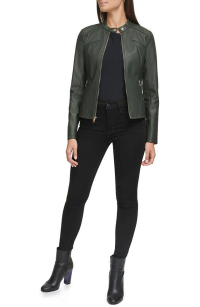 Shop Guess Faux Leather Racer Jacket In Spruce