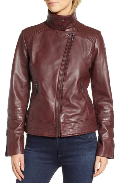 Shop Bernardo Leather Moto Jacket In Deep Burgundy