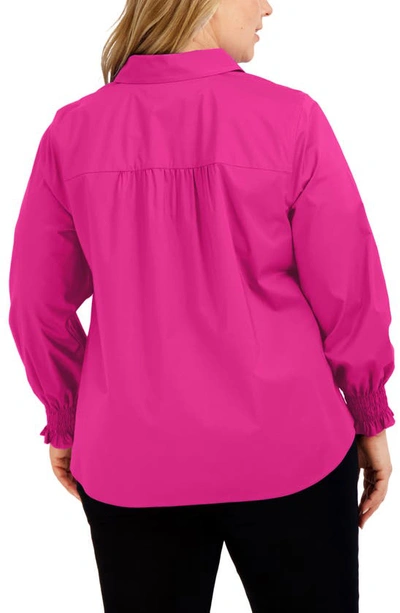 Foxcroft Olivia Smocked Cuff Cotton Blend Button-up Shirt In Azalea