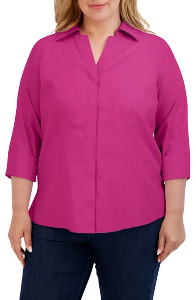 Shop Foxcroft 'taylor' Three-quarter Sleeve Non-iron Cotton Shirt In Fuchsia