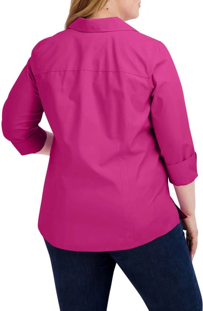 Shop Foxcroft 'taylor' Three-quarter Sleeve Non-iron Cotton Shirt In Fuchsia