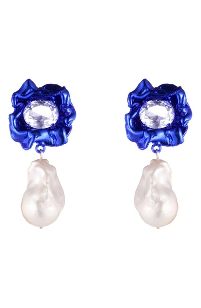 Shop Sterling King Lola Floral Baroque Pearl Drop Earrings In Cobalt