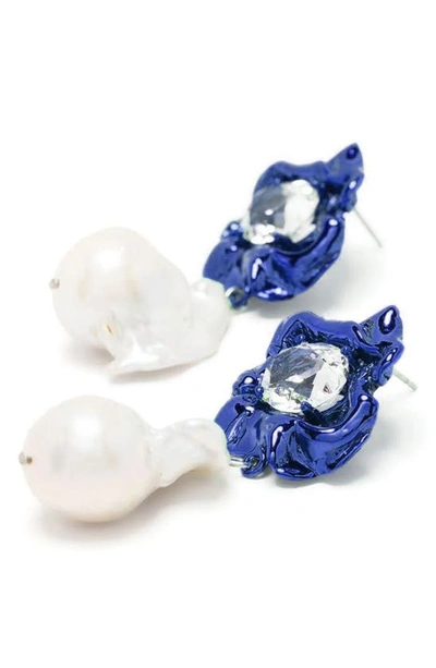 Shop Sterling King Lola Floral Baroque Pearl Drop Earrings In Cobalt