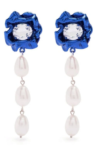Shop Sterling King Lola Floral Freshwater Pearl Drop Earrings In Cobalt