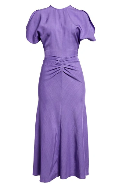 Shop Victoria Beckham Tulip Sleeve Gathered Waist Dress In Violet