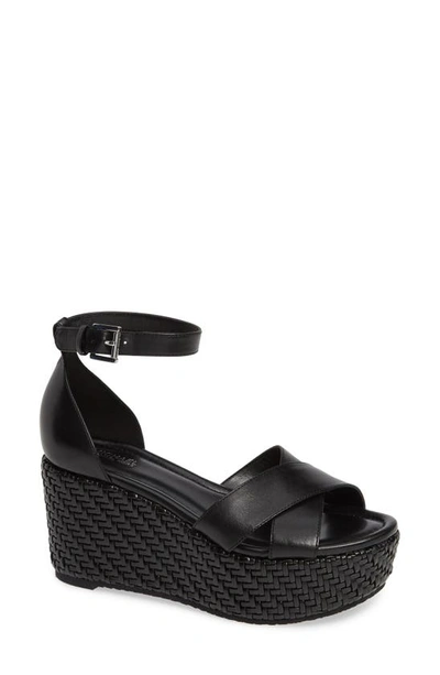 Shop Michael Michael Kors Desiree Basket Weave Wedge In Black Vachetta Leather