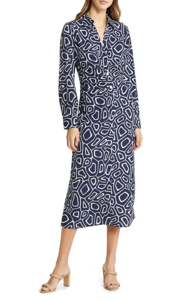 Shop Zoe And Claire Geo Print Long Sleeve Midi Shirtdress In Navy