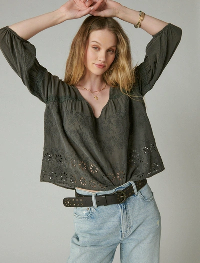 Lucky Brand Embroidered Eyelet Peasant Top In Black