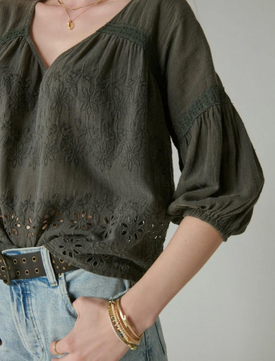 Lucky Brand Embroidered Eyelet Peasant Top In Black
