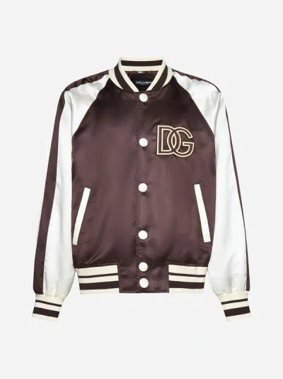 Shop Dolce & Gabbana Logo-patch Satin Varsity Jacket In Brown,white