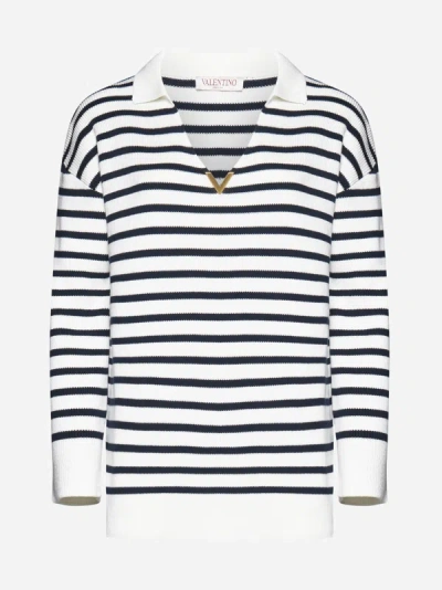 Shop Valentino Striped Wool Sweater In Ivory,navy