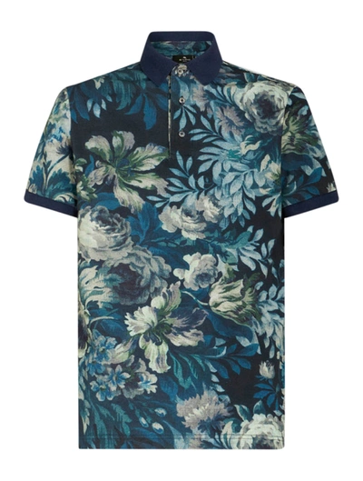 Shop Etro Polo Shirt With Floral Print In Blue