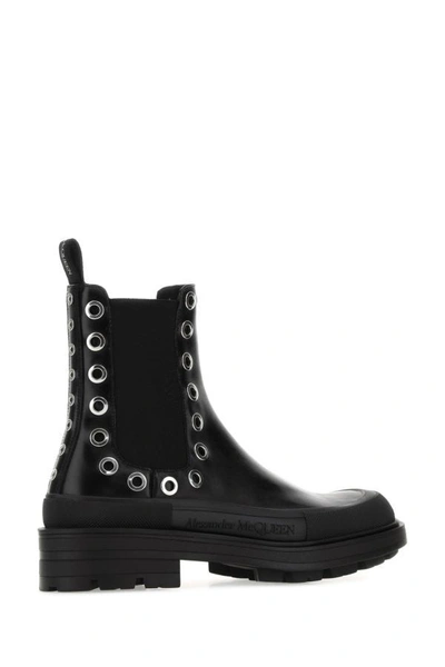 Shop Alexander Mcqueen Man Black Leather Boxcar Ankle Boots