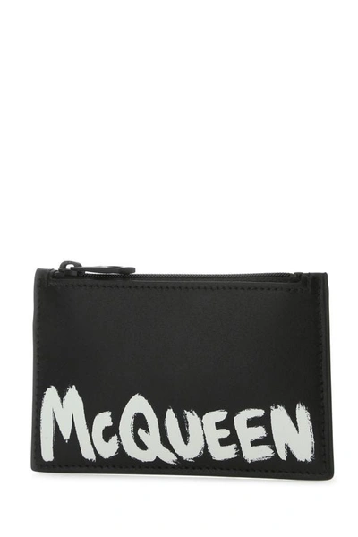 Alexander Mcqueen Black Leather Zipped Card Holder With Logo In Black