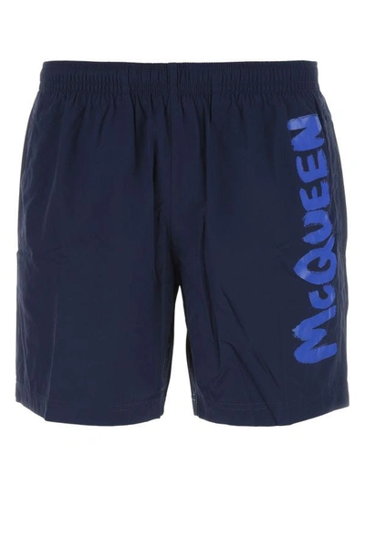 Shop Alexander Mcqueen Man Midnight Blue Nylon Swimming Shorts