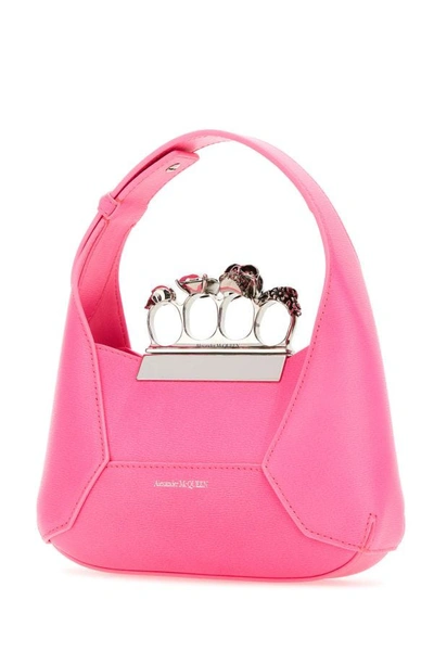 Shop Alexander Mcqueen Woman Fluo Pink Leather Mini Jewelled Hobo Handbag