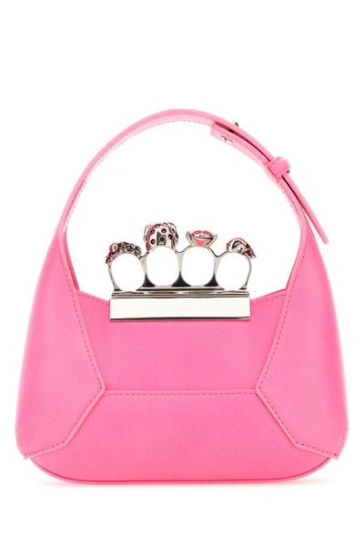 Shop Alexander Mcqueen Woman Fluo Pink Leather Mini Jewelled Hobo Handbag
