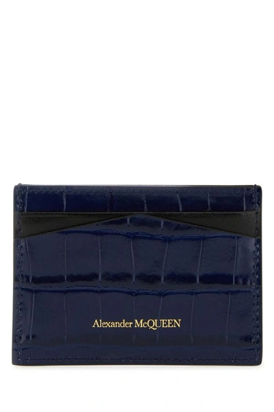 Shop Alexander Mcqueen Woman Navy Blue Leather Card Holder