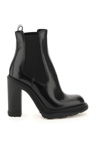 Shop Alexander Mcqueen Women Black Cheslea Tread Heeled Boots/booties