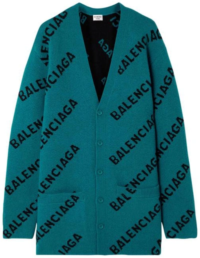 Shop Balenciaga Women Blue Wool-blend Jacquard Cardigan