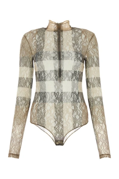 Shop Burberry Woman Printed Lace Bodysuit In Multicolor