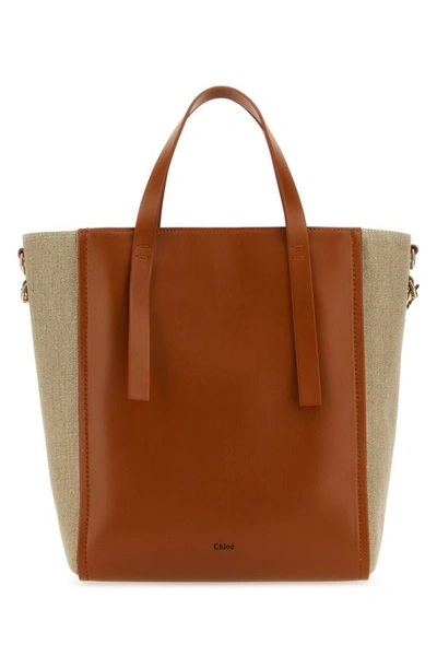 Shop Chloé Chloe Woman Two-tone Linen And Leather Medium Sense Shopping Bag In Multicolor