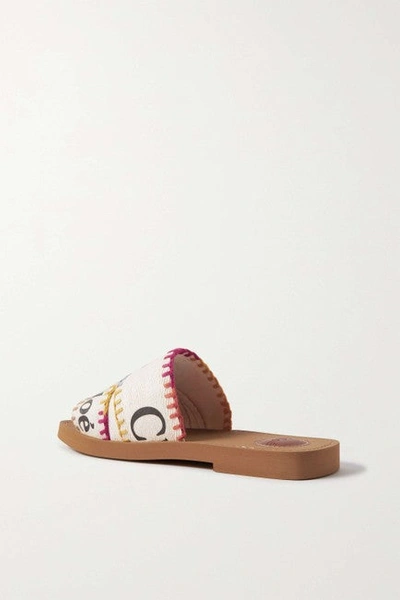 Shop Chloé Chloe Women White Woody Embroidered Logo-print Canvas Slides Sandals In Brown