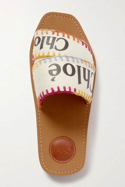Shop Chloé Chloe Women White Woody Embroidered Logo-print Canvas Slides Sandals In Brown