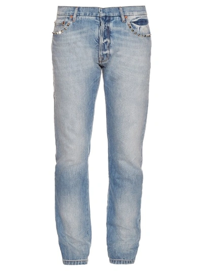 Valentino Light Washed Rockstuded Denim Jeans In Light Blue