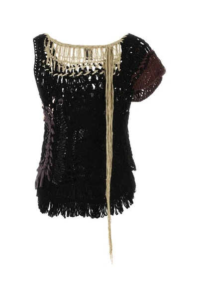 Dries Van Noten Fringed Crochet Knit Top In Black
