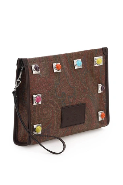 Shop Etro Women Paisley Pouch With Studs & Stones In Brown