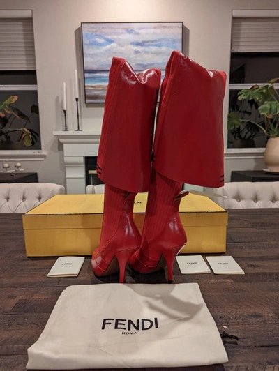 Shop Fendi Women Red Rockoko 100mm Thigh-high Over Knee Boots/booties