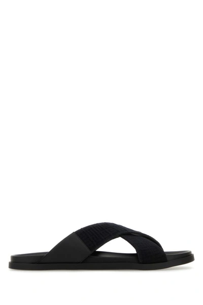 Shop Givenchy Man Black Leather And Cotton Slippers