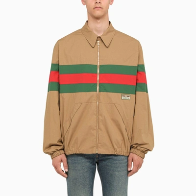 Shop Gucci Beige Jacket With Green/red/green Web Men In Cream