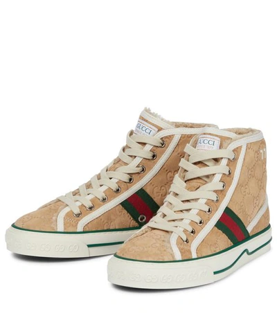 Shop Gucci Women Beige Tennis 1977 Shearling-lined Suede And Canvas High-top Sneakers In Brown