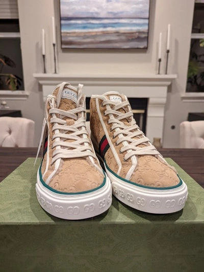 Shop Gucci Women Beige Tennis 1977 Shearling-lined Suede And Canvas High-top Sneakers In Brown