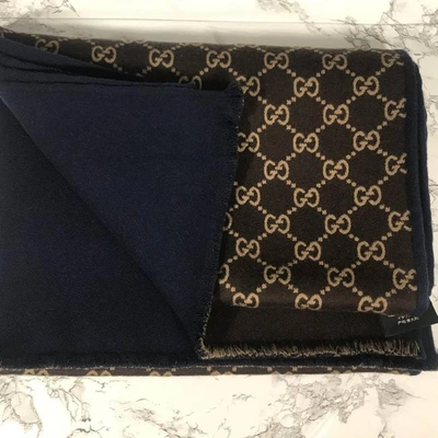 Shop Gucci Women Blue/brown Gg Ripon Wool Unisex Scarf/wrap