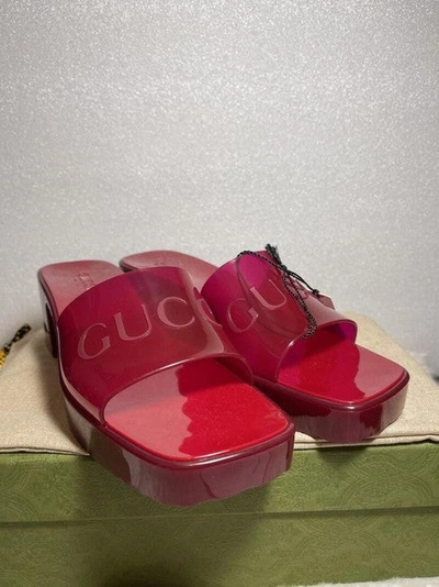 Shop Gucci Women Cherry-red Plastique Logo-embossed Rubber Mules/slides