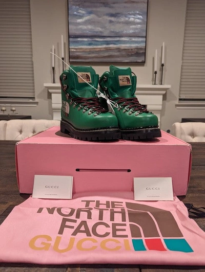 Shop Gucci Women + The North Face Printed Green Leather Ankle Boots/booties