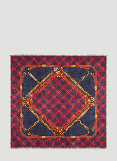 Shop Gucci Women Harness Print Wool Scarf In Red In Blue