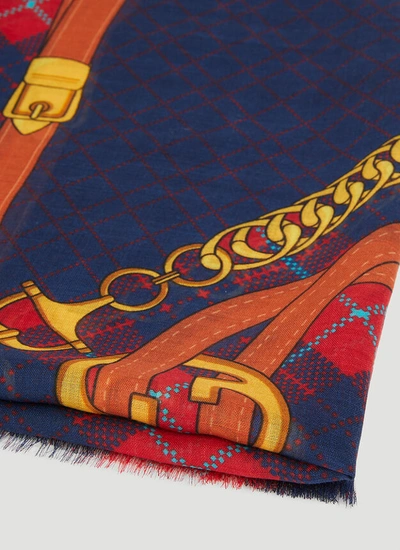 Shop Gucci Women Harness Print Wool Scarf In Red In Blue