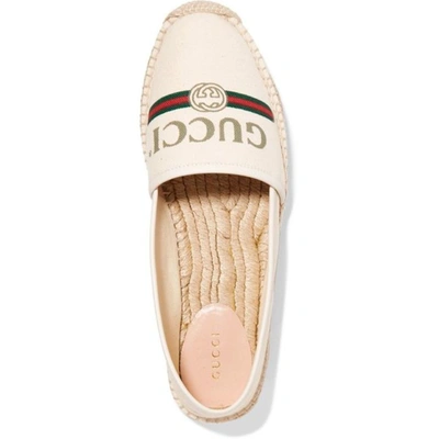 Shop Gucci Women Off-white Logo Printed Canvas Leather Trimmed Espadrilles Flats