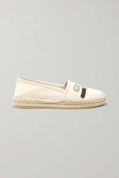 Shop Gucci Women Off-white Logo Printed Canvas Leather Trimmed Espadrilles Flats