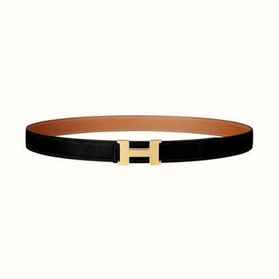 Pre-owned Hermes Women Gold And Black H Buckle & Reversible Leather Strap 24 Mm Belt