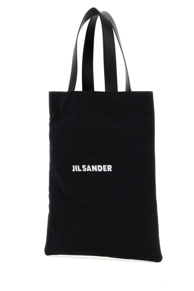 Jil Sander Logo Print Cotton-linen Blend Tote Bag In Black