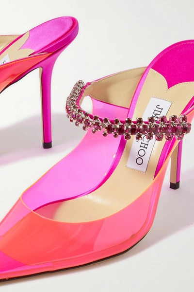 Jimmy Choo Bing 100 Neon Pvc And Crystal-embellished Satin Mules In Pink