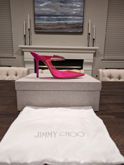 Jimmy Choo Bing 100 Neon Pvc And Crystal-embellished Satin Mules In Pink
