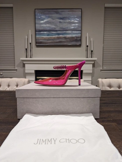 Jimmy Choo Bing 100 Neon Pvc And Crystal-embellished Satin Mules In Pink